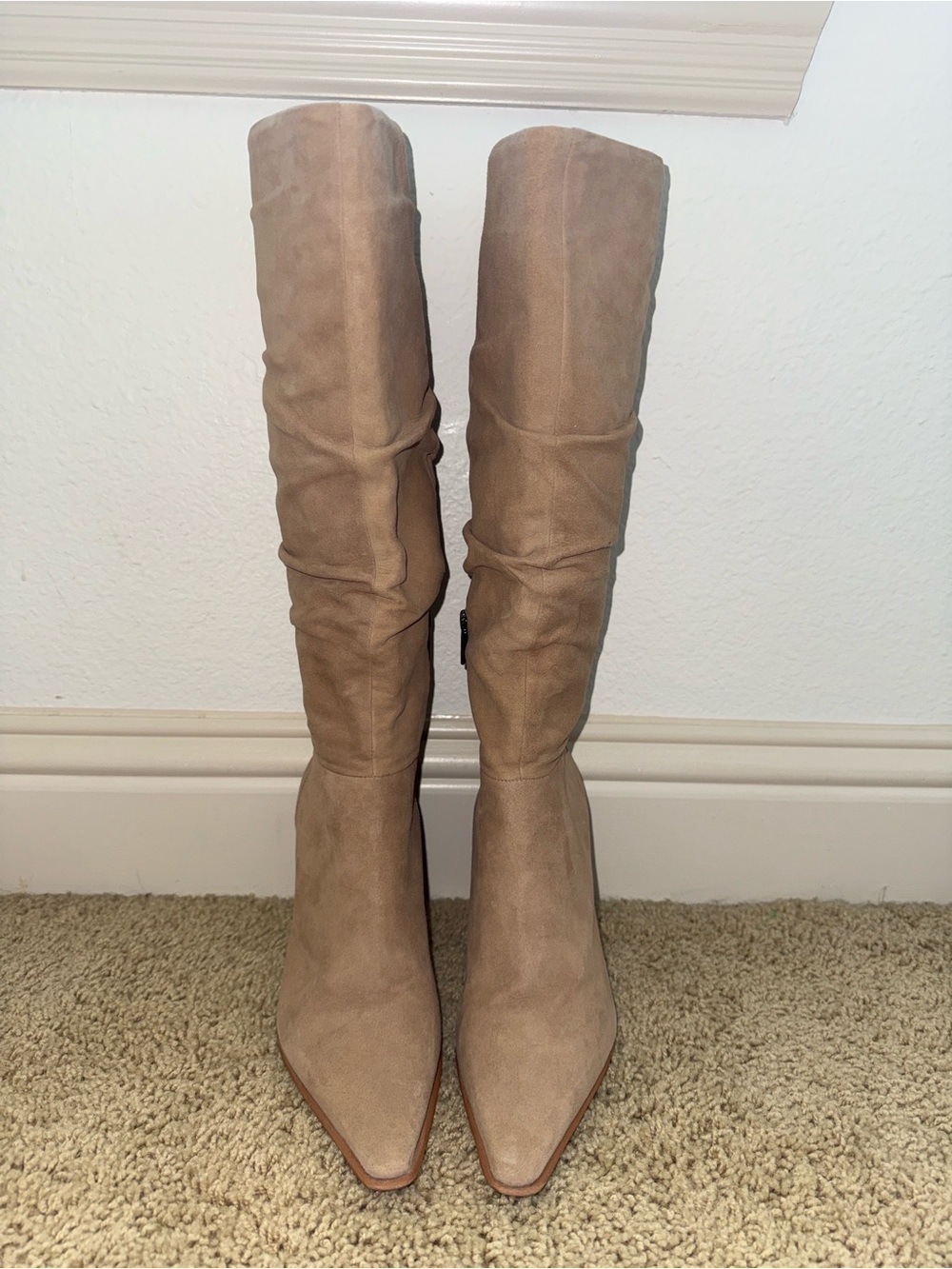 Vince Camuto Derika Knee High Pointed-Toe Suede Boots in Beige - Picture 3 of 8